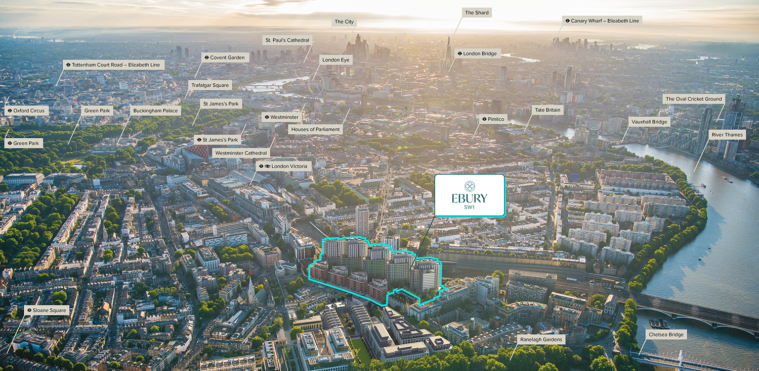 Aerial fly through showing approach along the River Thames and a CGI insert of Ebury once fully complete