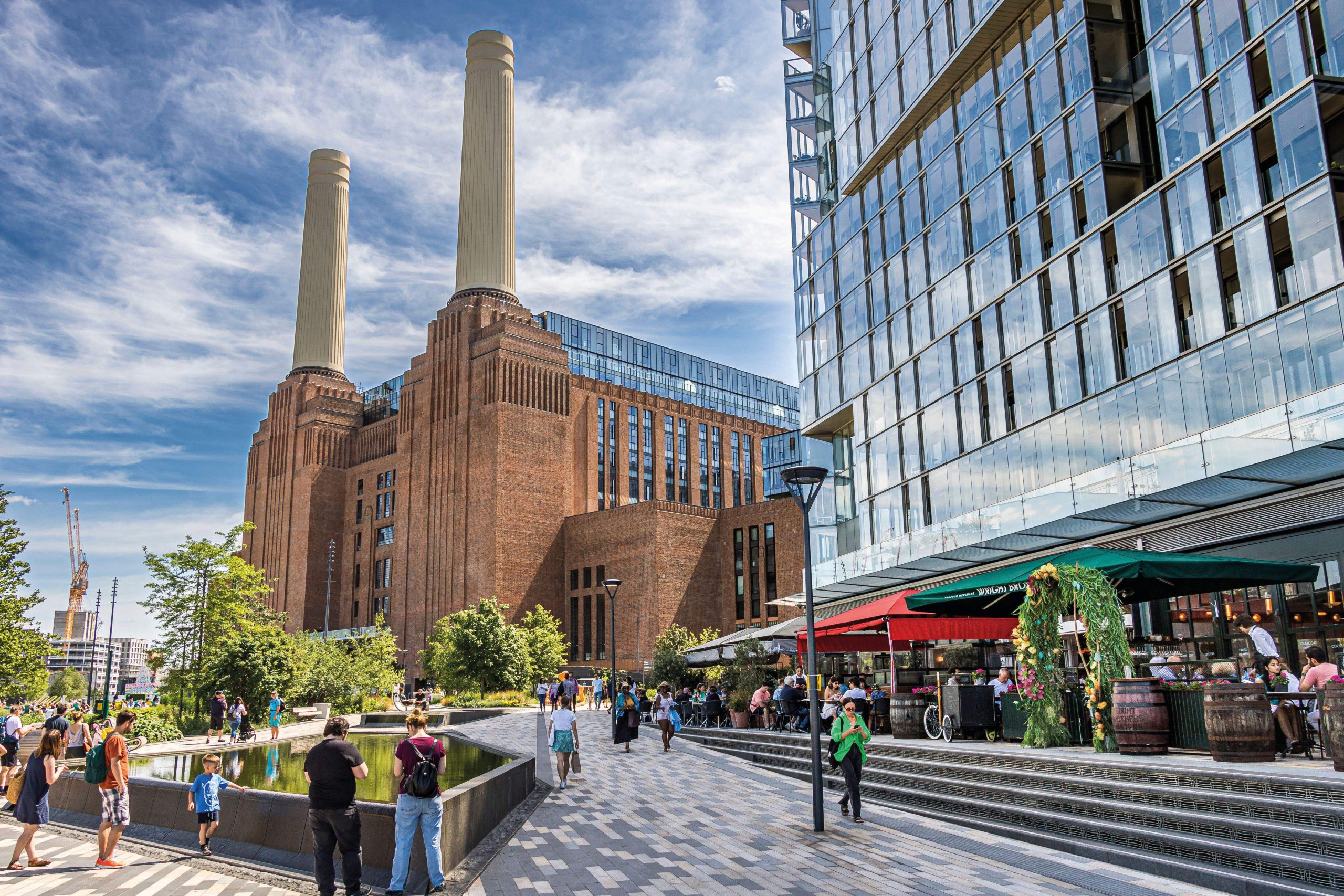 People socialising outside Battersea Power Station