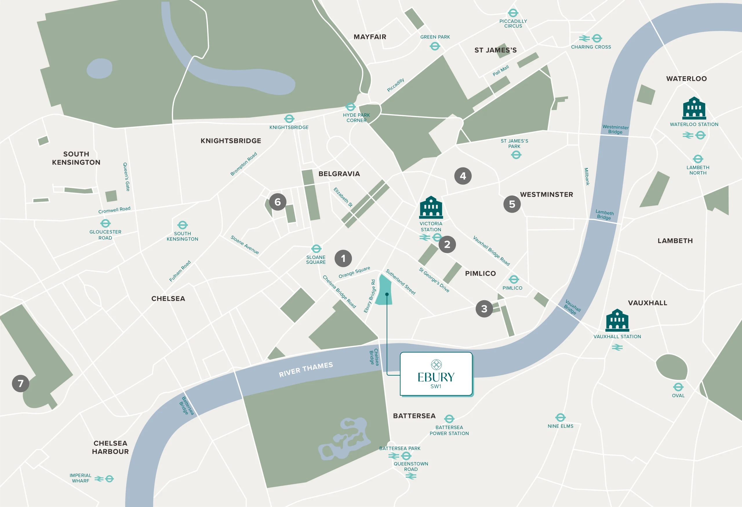 Illustrated map depicting the surrounding areas of the Ebury development. Includes the areas of Westminster, Belgravia, Chelsea, Pimlico, Vauxhall, Lambeth, Chelsea and Chelsea Harbour.