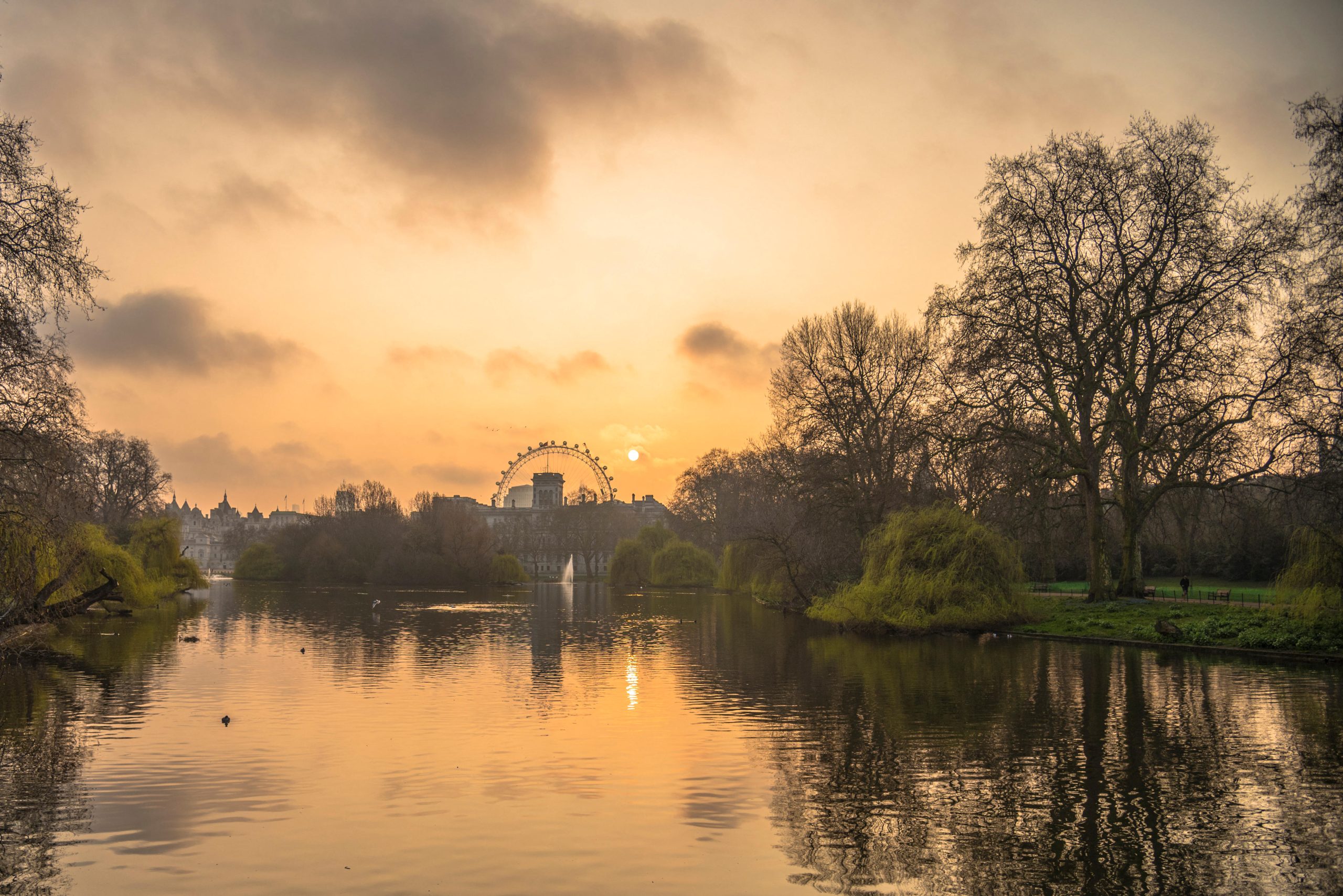 Sunset at St James' park, looking across the pond with the London Eye in the distance