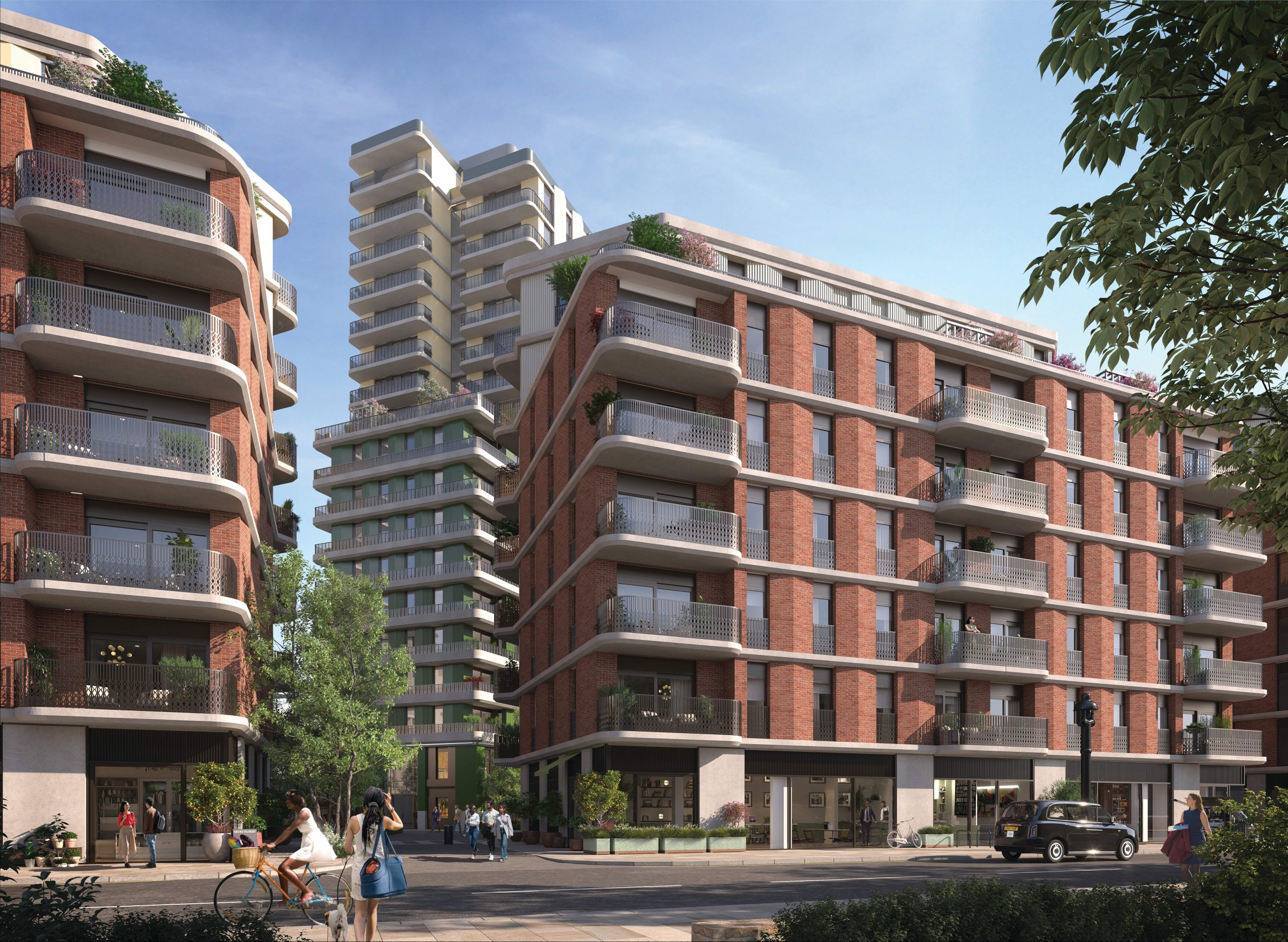 Exterior CGI of Ebury showing Ebury Bridge Road frontage and commercial spaces, Westminster SW1