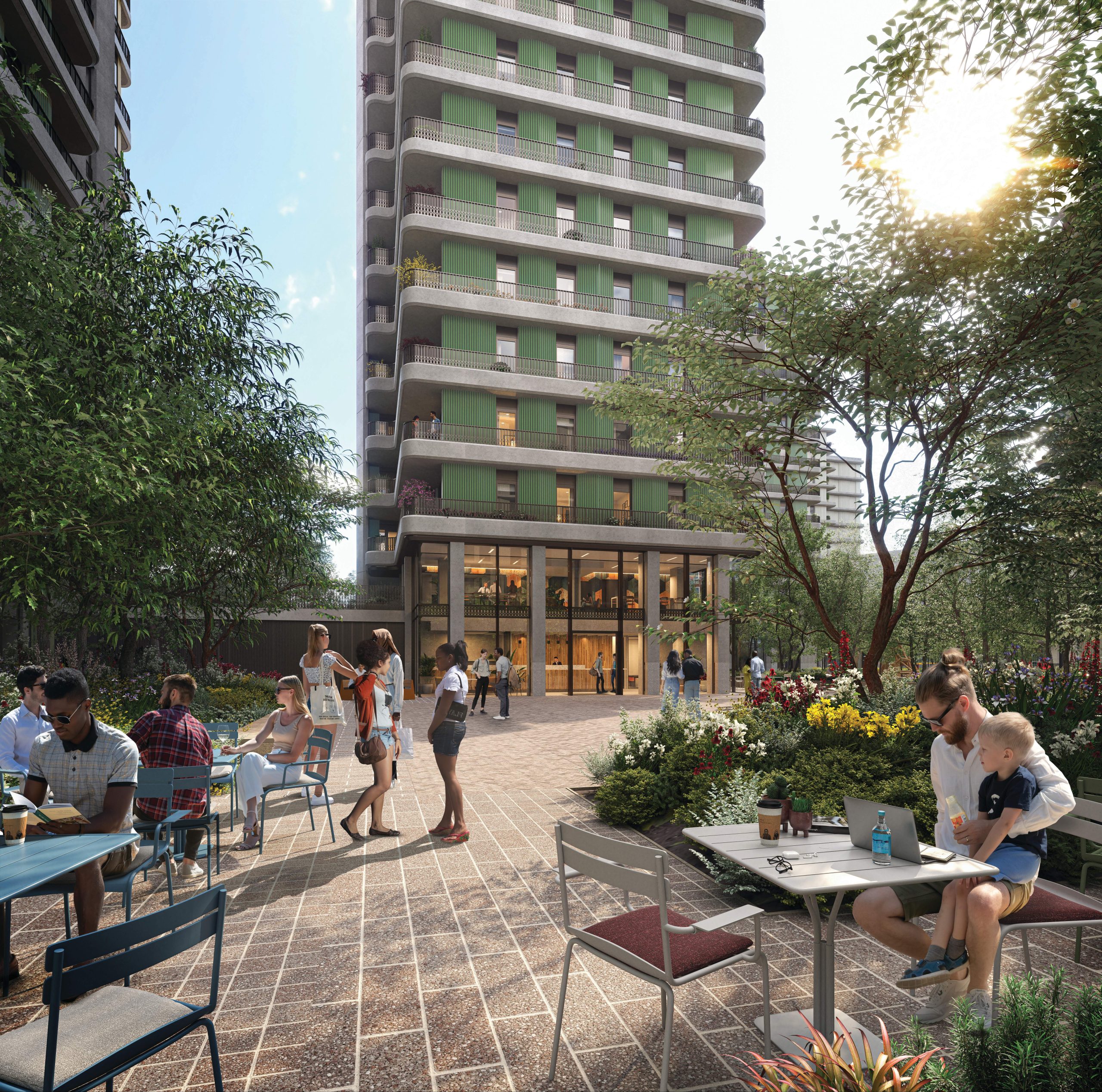 CGI showing people enjoying one of the garden squares at Ebury with the Sutherland Apartments building in the background. Westminster SW1