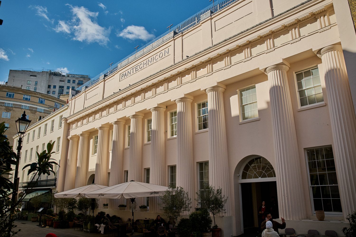 The entrance to Pantechnicon, a Grade II-listed, five-storey dining and cultural venue on Motcomb Street in Belgravia, London