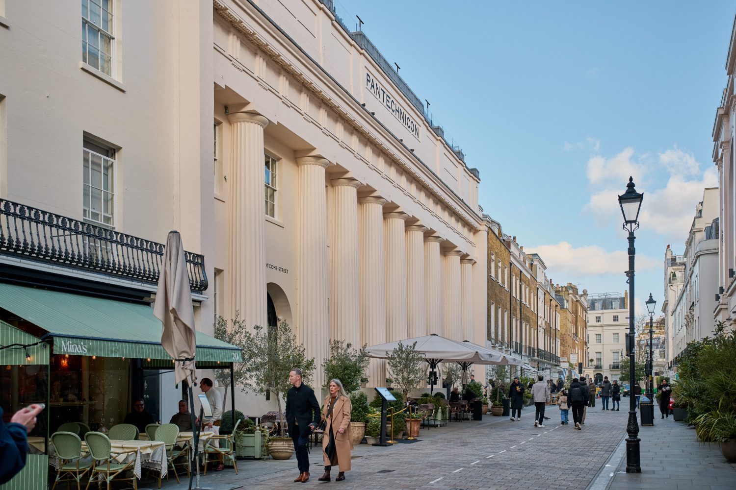 View of exclusive shopping street in Belgravia, SW1 with Pantechnicon department store on the right