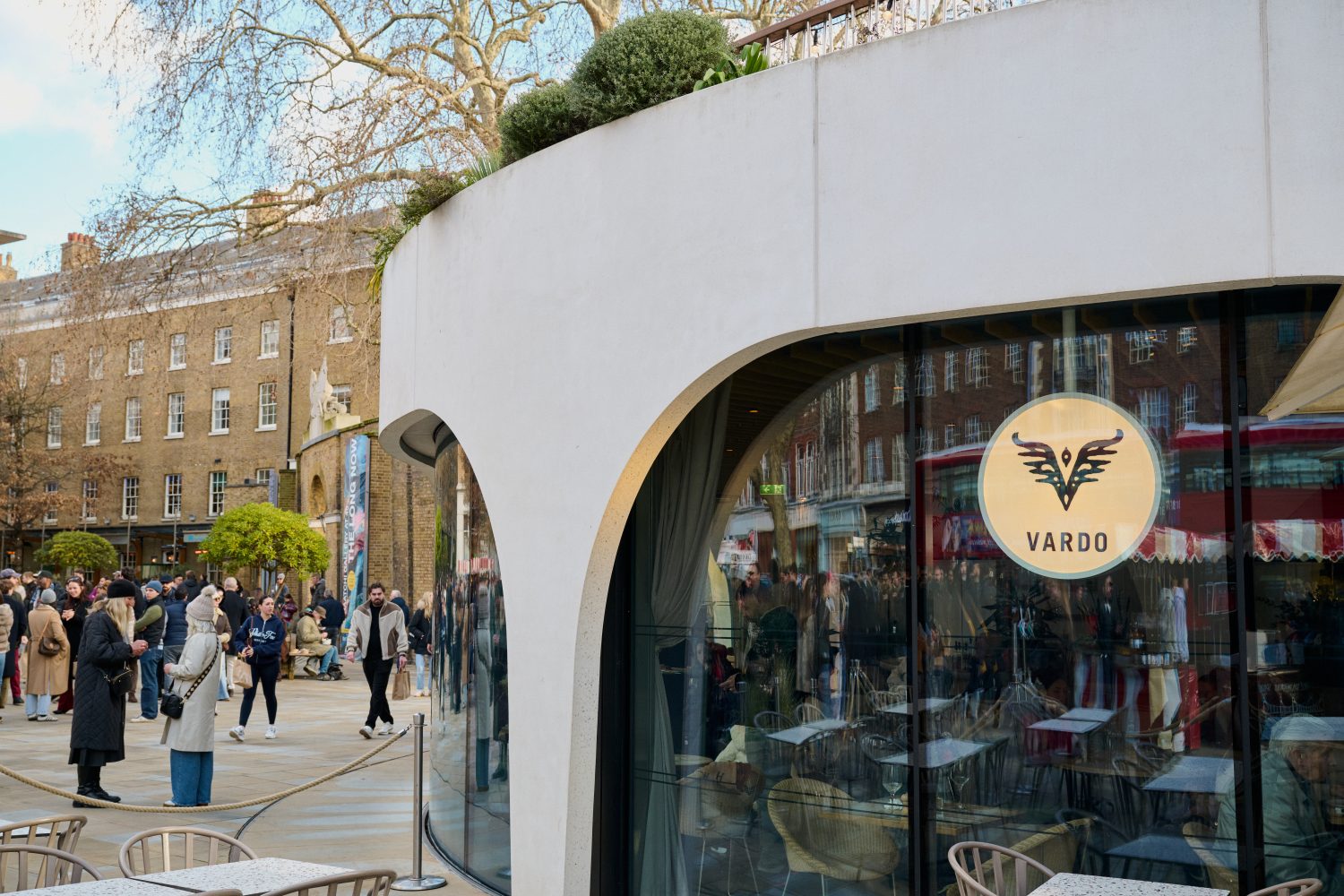 Close up view of Vardo, a circular shaped restaurant in Duke of York Square, opposite Saatchi Gallery