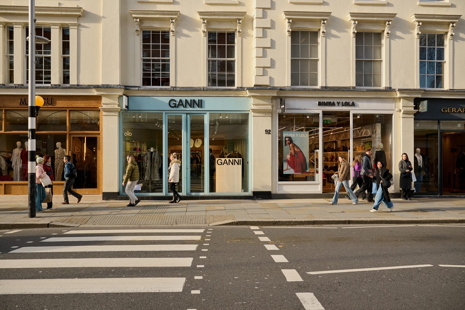 View across a zebra crossing on King's Road looking at shop fronts on the opposite side of the road
